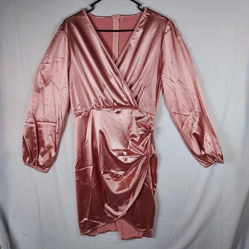 Yajedo Satin V-Neck Dress Size Large Pink Party/Cocktail Long Sleeve New